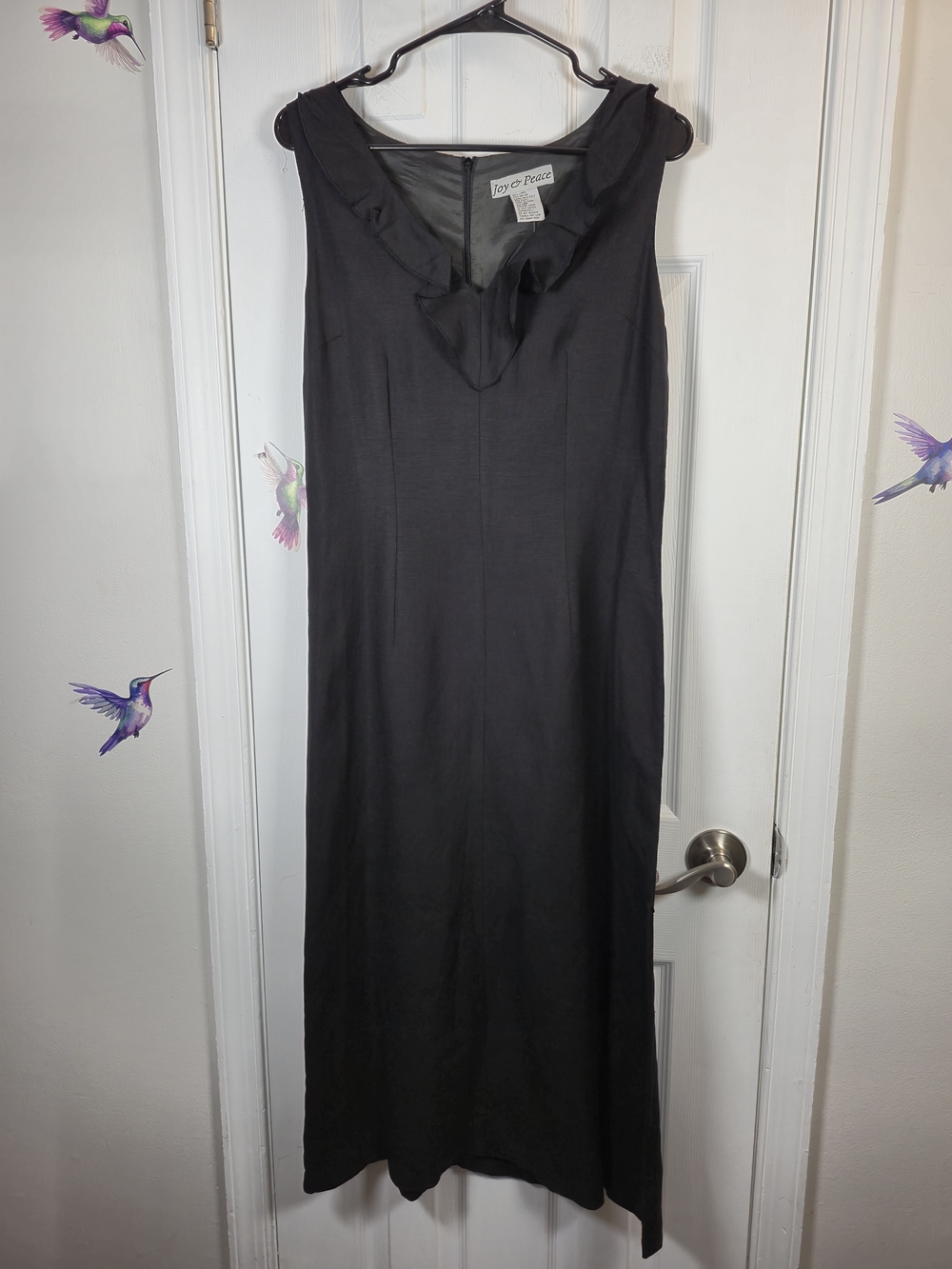 Joy & Peace Summer Linen Blend Ruffle V-Neck Maxi Dress Black 10P - Picture 2 of 7